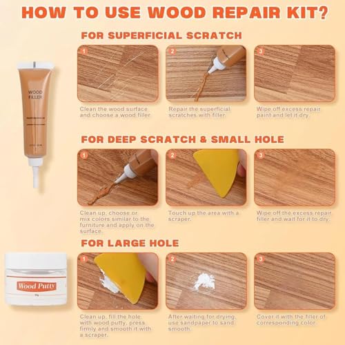 Image of Wood Repair Kit for Wood Scratch Repair and Laminate Floor Scratch Repairs 12 Colors Filler Putty Paste to Fix Scratches Cracks Holes on Hardwood Laminate Vinyl Furniture Table Door Cabinet