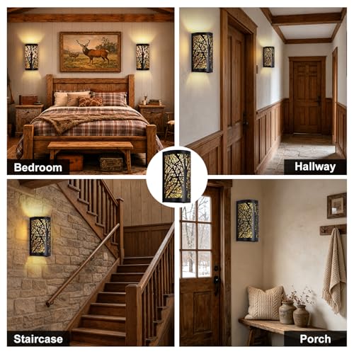 Image of Farmhouse Wall Sconces Set of 2, Hardwired Rustic Black Metal Tree Branch Vintage Wall Lights with Warm Yellow Parchment Shades, 1-Light E26 for Bedroom Bathroom Hallway