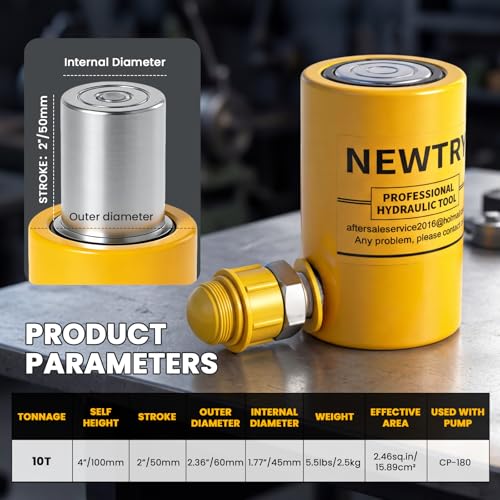 Image of NEWTRY 10 ton Hydraulic Ram Jack Cylinder Short Type 2 inch Stroke Porta Power Ram Industrial Lifting Jack Retract Automatically for Shipping Building Construction