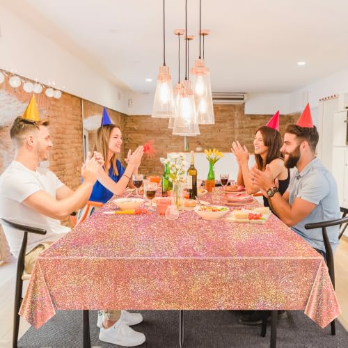 Image of 1 Pack Rose Gold Holographic Tablecloth 40 x 108 inch, Iridescent Shiny Plastic Rectangle Table Cover for Bachelorette Party, Bridal Shower, Wedding, Birthday, Anniversary and Baby Shower Decorations