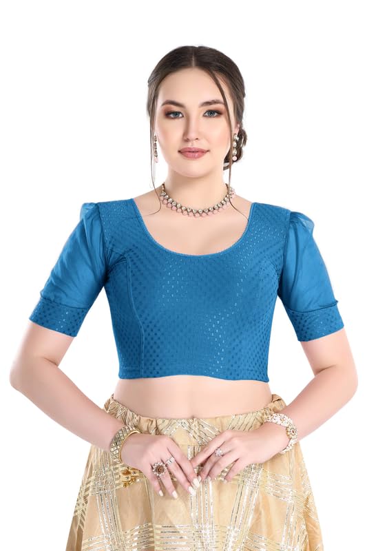 Image of FINESTFIT Stay On Trend Fashion 100% Cotton Readymade Blouses for Women,Round Neckline with Organza Balloon Sleeves.