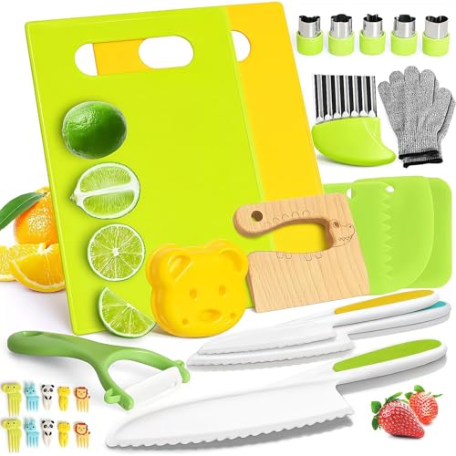 Utensilios de Cocina de Juguete, Cuchillos de Cocina Seguros para Niños - Juego de 17 Piezas, Cuchillos de Aprendizaje para Cortar Frutas y Verduras, Utensilios de Cocina Reales a Partir de 2 Años