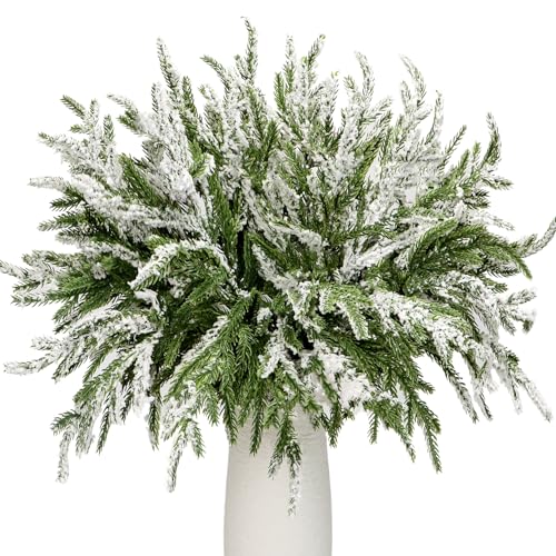 24Pcs Norfolk Pine Branches Stems 13.5" Artificial Pine Needles Sprigs Norfolk Pine Garland Accessories Vase Fillers Winter Fake Christmas Tree Picks Greenery Sprays for DIY Wreaths (24, Frost)