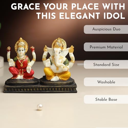 Image of ARMONIA Premium Laxmi Ganesha Idol for Home Decor & Pooja | 4.7 Inch Handmade Ganesh Murti | Marble Finish Polystone Lakshmi Ganpati Statue for Mandir, Office | Best Gift for Wedding & Housewarming