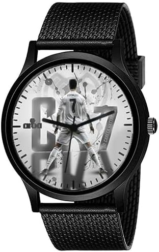 AROA Legend CR7 White Watch: Black Metal Analog Watch with Black Strap and White Dial for Men and Boys