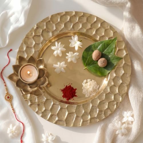 Image of BEHOMA Golden Lotus Tray with Tea-Light Holder, 30cm | Golden lotus tray with tea-light holder & honeycomb design, 30cm; ideal wedding & mehndi thali gift.