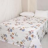 Queen Size Flat Sheets Only Blue Floral Printed Soft Pure Cotton Bedding Sheets Easy Care Breathable Decorative Top Sheets