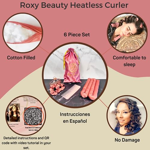 Heatless Hair Curler By Roxy Beauty, Soft Cotton Filled, Satin No Heat Curling Rod Headband, 6 Piece Set, For Long Or Short Hair, Tiktok Heatless Curls, Rose Gold Color, Heatless Curling Rod Headband Set #TOP1