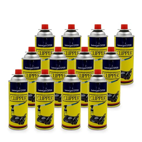 Clipper Cartuchos de Gas Butano 400ml para Hornillos y Quemadores, Compatible con la Mayoría de Hornillos de Camping (12 Cartuchos)