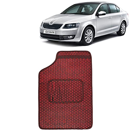 Image of Kingsway Dotted Design Car Floor Foot Mats Universal Fit for Skoda Octavia, Model Year : 2013-2018, Water and Dustproof, Color Red, Set of 5 Pieces