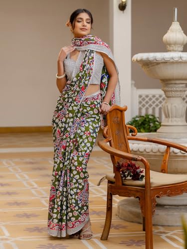 Image of SIRIL Women's Printed Ready to Wear Mul Cotton Saree With Unstitched Blouse Piece