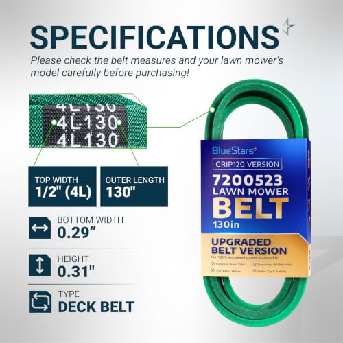 Image of [Upgraded Grip120] BlueStars 7200523 Deck Belt Aramid Cord 130 inch x 1 /2 inch | Deck Belt for 42 inch Ariens 07200523 Ikon-X Ikon XD XL 42 inch Gravely ZT42 ZTX42 ZTXL42 Lawn Mower Replaces Toro 93-3884 Mower Belt