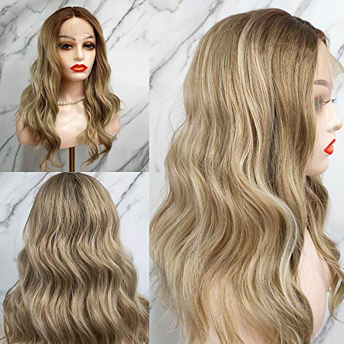 COLORFULYOU Brown Lace Front Wigs With Dark Roots Balayage Wig Brown Short Bob Natural Wavy Wig Synthetic Lacefront Wig For Black Women Frontal Wigs Glueless