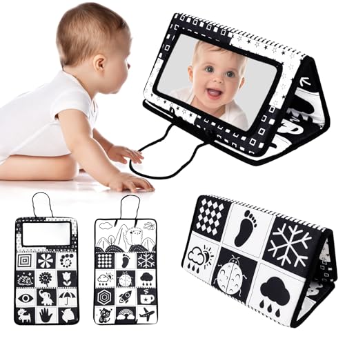 Image of KAKIBLIN Tummy Time Baby Mirror, Wall Mounted, Rectangular, Montessori Toys for 0-6 Months, High Contrast Black and White Teeth Promoting Toy