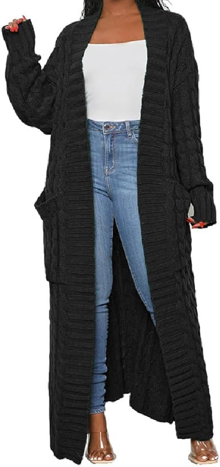 A ADILACA Women's Thin Type Stylish Cable Knit Cardigan with 2-Pockets, Women's Extra Long Ankle Length Sweater