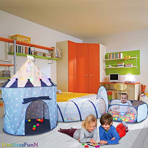 LimitlessFunN 4pc Kids Play Tent, Crawl Tunnel, Ball Pit and Star Lights [ Pop Up Portable Glow in The Dark Stars ] Children Castle Playhouse for Girls & Boys, Indoor and Outdoor Use (Blue) - Thumbnail 2