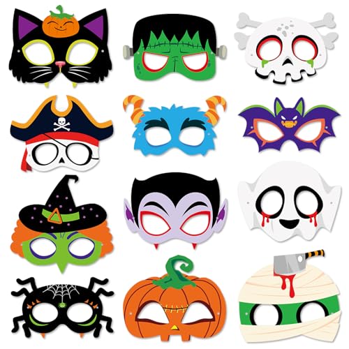 Qpout 24 pz maschere di Halloween per bambini, cartone animato gatto nero zucca ragno strega pipistrello carta maschera per gli occhi Photo Booth Puntelli per Halloween Party Favor Cosplay