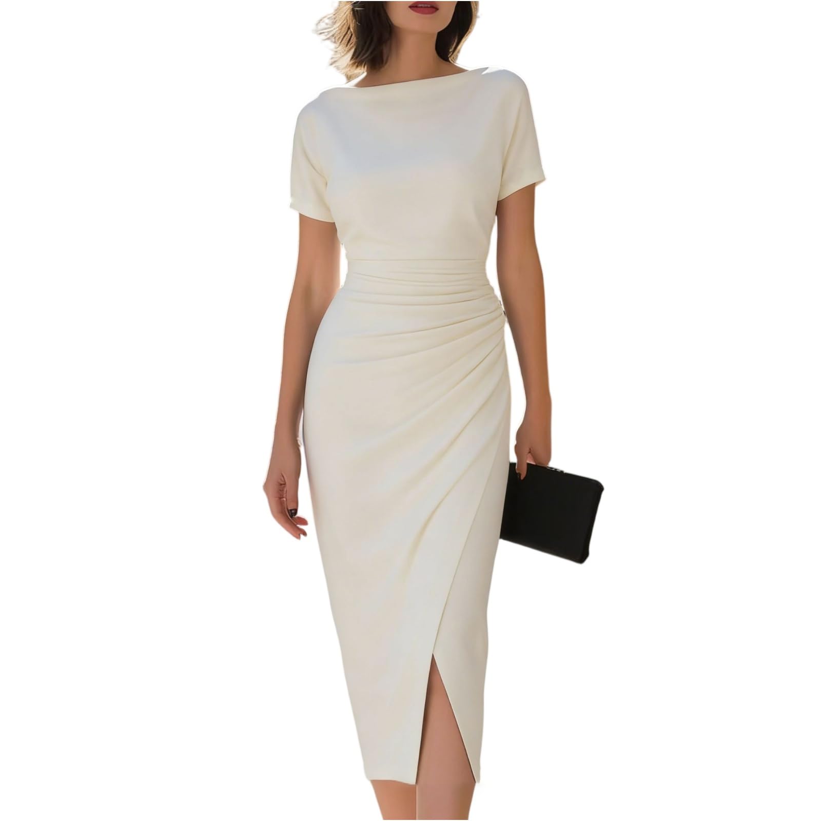 Sommerkleid Damen Elegant Hochzeitsgast Lang Etuikleid Elegant Business Midi Cocktailkleid Festlich Kurzarm Abendkleid mit Ärmel Curvy Festliche Kleider Hochzeit Figurbetont Kleid Frauen Plissee