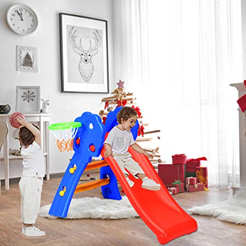 HOMGX 3-in-1 Toddler Slide, Folding Slide with Basketball Hoop & Ladder, Slipping Slide Climber Playset for Indoor Outdoor Playground, Kids Slide Set and Climbing Toys for Toddlers Age 2-5