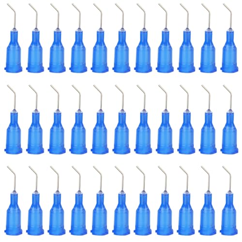 PYEUIFT 150 Agujas Romas, 23 Gauge 45 Grados Curvadas 0.45 Pulgadas Punta Inclinada Con Conexión Luer Para Aplicador Aceites, Azul
