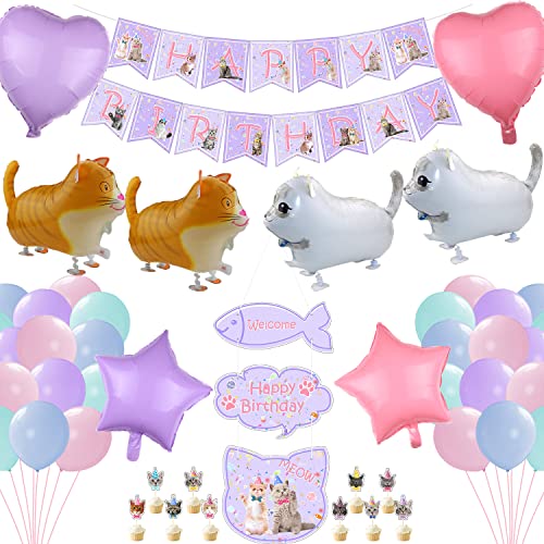 Cat Party Birthday Decoration, Happy Birthday Banner, 20 Macaron Balloon, 10 Cake Topper, 4 Walking Cat Balloons, 4 Foil Balloon For Cat Birthday Party Supplies, Cat Lover, Kids Cat Theme Party(A) #TOP4