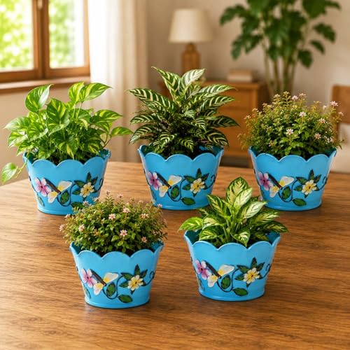 Image of Go Hooked Metal Flower Pot Planter (Pack of 5, 6 Inch) | Decorative Blue Indoor Outdoor Plant Pot with Floral Embossed Design | Round Planter for Home Balcony Garden Decor