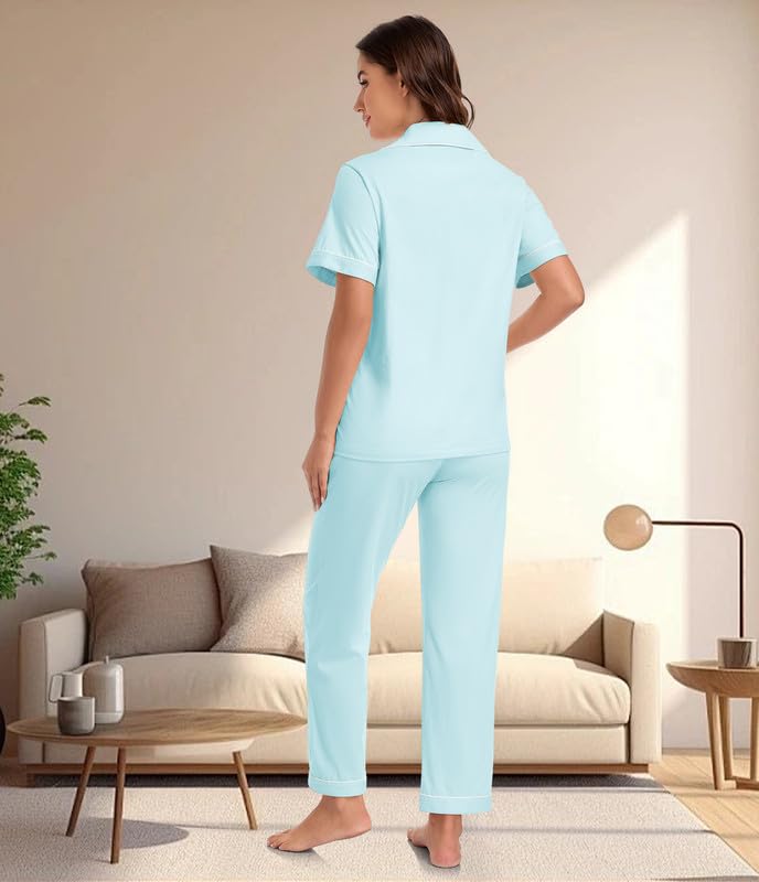Image of CF 100% Cotton Pajamas for Women Set 2 Piece Short Sleeve Tops and Long Pants Comfy Well-Fitted Loungewear Set Pj Sets