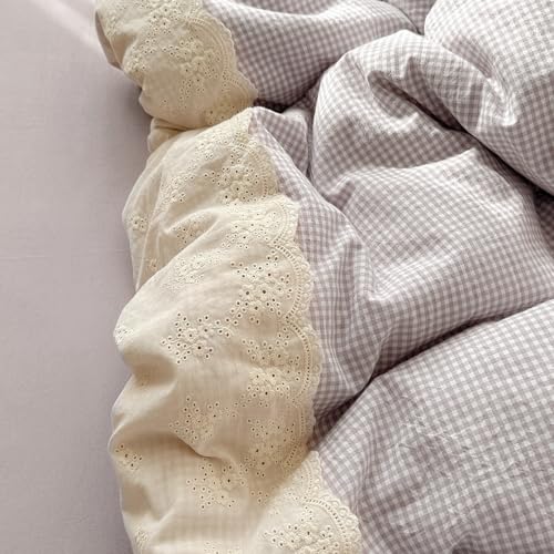 Image of VM VOUGEMARKET Lilac Gingham Duvet Cover Queen Plaid Checkered Comforter Cover with Zipper 3Pcs Soft Breathable Washed Microfiber White Lace Bedding Set for Girls