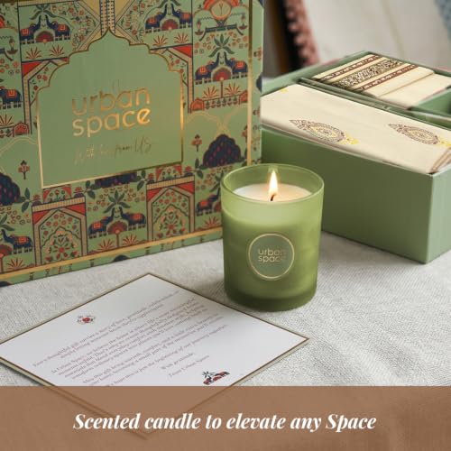 Image of Urban Space Festive Gift Set - Cotton Dining Table Runner with 4 Placemats & Scented Candle, 4 Seater Table Linen Set in Premium Gift Box, Diwali & Festive Home Decor Gift (Zari Buta Brown Gold)