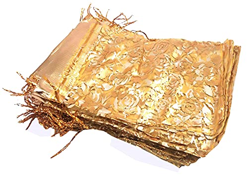 Image of Net Fabric Drawstring Pouch For Dry Fruits Packing, Organza Shagun Potli, Beautiful Design Printed Potli Bags For Return Gifts, Jewellery Pouches (Pack Of 25, 16 Cm X 13 Cm, Gold)
