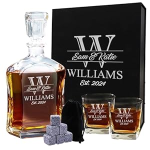 My Personal Memories Custom Engraved Couples Wedding Glass Decanter Gift Set – Personalized for Housewarming, Anniversary – Majestic Style (Decanter and 2 Glasses)