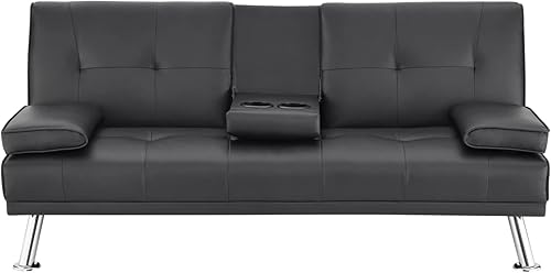 Miniatura 8 de Naomi Home Sofá cama futón negro de piel sintética con reposabrazos y 2 portavasos, sofá cama extraíble con patas de metal, cama pequeña reclinable,