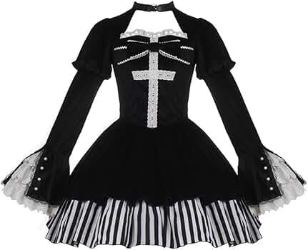 ゴシックロリータ ワンピース 黒 クロス 十字架 リボン レースドレス