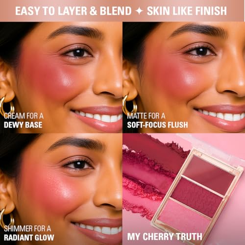 Image of Revolution Blush Icon Palette, Cream & Pressed Powder Blusher, Highly Pigmented, Face Palette, Vegan & Cruelty-Free, 3 Shades, My Cherry Truth, 9.8gm