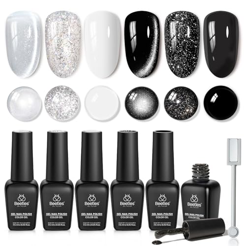 Image of Beetles Gel Nail Polish Set - Twilight Gleam 6 Colors Cat Eye Glitter White Black Silver Shimmer Sparkle Gel Polish Kit with Magnet Soak Off Nail Art Uv Led Home Salon Spring Summer Gift for Women