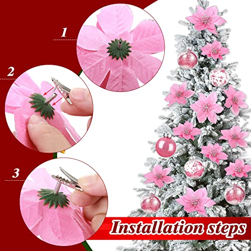 49 Pcs Christmas Tree Decoration Set Include Christmas Tree Topper, 24 Pcs Glitter Christmas Flowers 3 Sizes, 24 Pcs 2.36 Inch Christmas Ball Ornaments For Tree Holiday Party Decorations (Pink) #TOP3