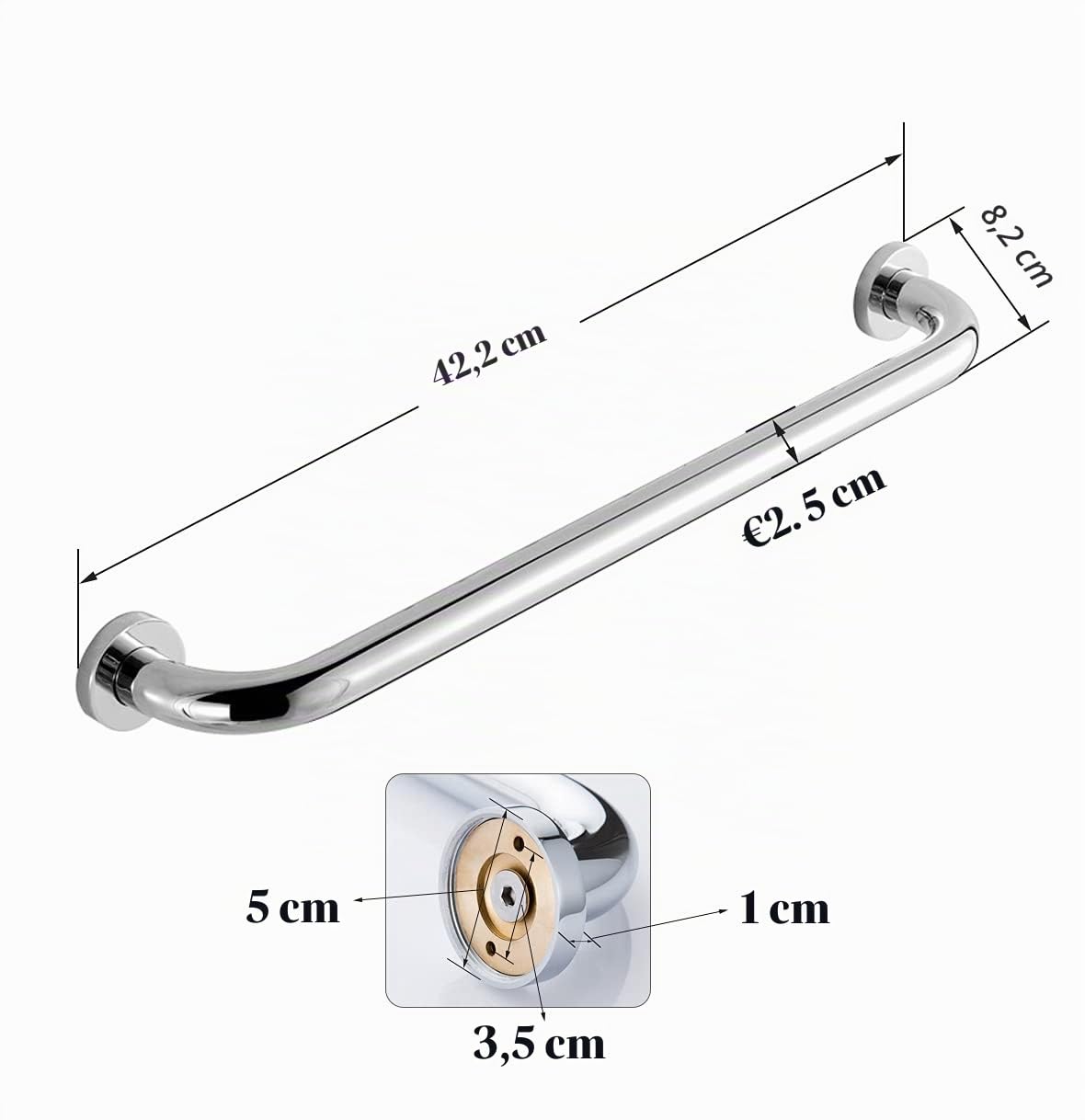 Bras de douche Barre d'appui pour salle de bain Main courante de sécurité antidérapante Poignée murale pour baignoire Barres coulissantes de toilette Laiton chromé poli (40 CM)
