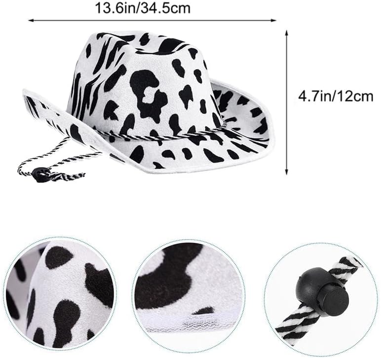 Cow Print Cowboy Hat White and Black Felt Hats with Adjustable Lanyard Cowboy Style Hat for Men and Women - Image 2