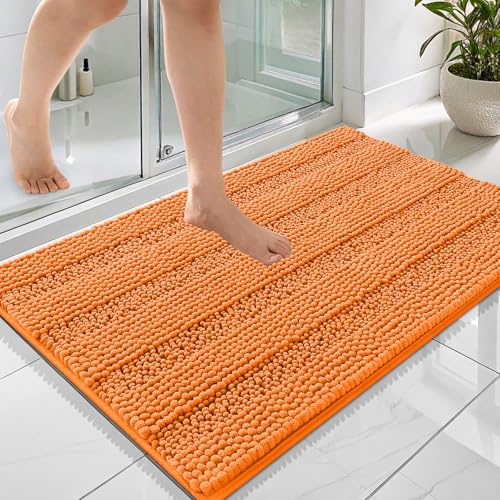 Image of OLANLY Thick Bathroom Rugs 36x24, Extra Soft Absorbent Chenille Striped Bath Rugs, Rubber Backing, Machine Wash Dry, Bath Mats for Bathroom Floor, Tub and Shower, Home Decor Accessories, Orange