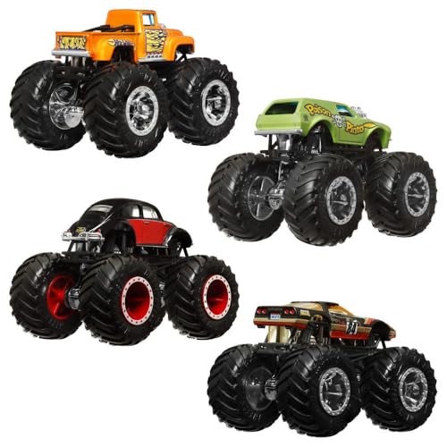 Image of Hot Wheels Monster Trucks 4-Pack, Set of 4 1:64 Scale Toy Vehicles with Giant Wheels (Styles May Vary)
