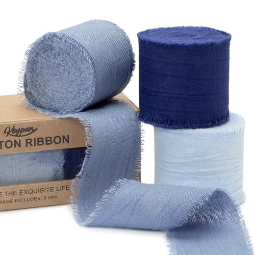 Keypan Blue Set Ribbon 1-1/2 Inch x 15 Yards Crinkle Fabric Cotton Ribbons for Gift Wrapping Wedding Invites Baby Shower DIY Crafts Home Decor