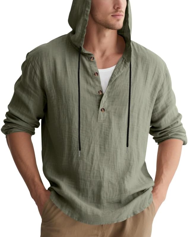 Mens Cotton Linen Hoodies Long Sleeve Button Down Shirts Casual Hawaiian Beach Yoga Sweatshirts - Image 3
