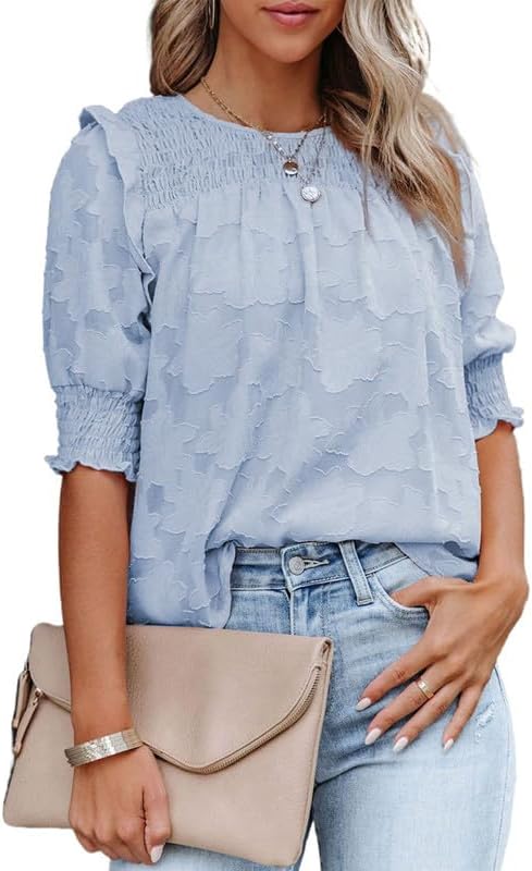 Dokotoo Womens Blouses Half Sleeve Shirred Tops Crewneck Lace Textured Flowy Casual Shirts