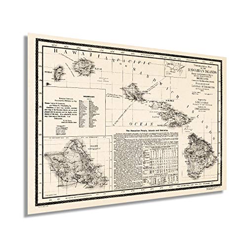 HISTORIX Vintage 1893 Map of Hawaii - 24x36 Inch Vintage Map of Hawaiian Islands Wall Art - Hawaii Vintage Map Includes Text and Statistical Data - Vintage Map Hawaii - Hawaii Map Poster (2 sizes)