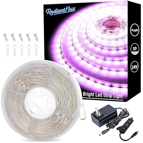 Image of RadiantFlux Purple Light Strip, 30Ft Flexible LED Purple Light with kit, 540 lamp Beads, 24V LED Light, Non-Waterproof for Indoor Fluorescent Dance Party, Stage, Birthday, Wedding, Dark Party