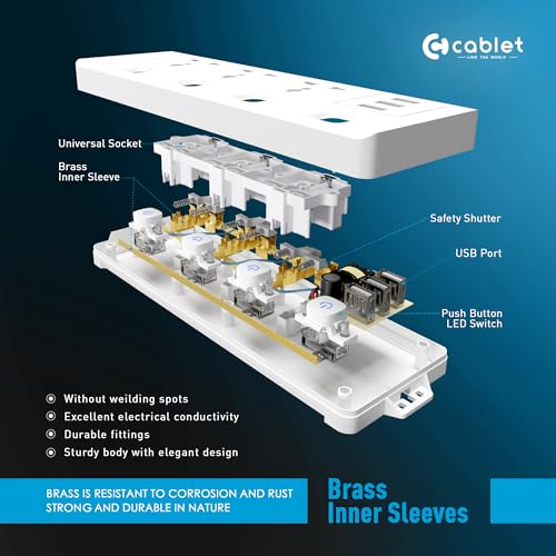 Image of Cablet 2500W Heavy Duty Extension Board with 3 USB Ports (2.4A), 3 Universal Sockets, Individual Switches, Safety Shutter, 10A Power Strip, 1.8M Copper Wire Cord, for Home & Office Use - 250V