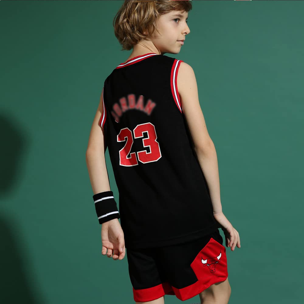 DaceStar 2 Pièces Maillot Basket Enfant,Pop Tenue Basket Enfant,Noir Ensemble Basketball Garçon Fille (M)