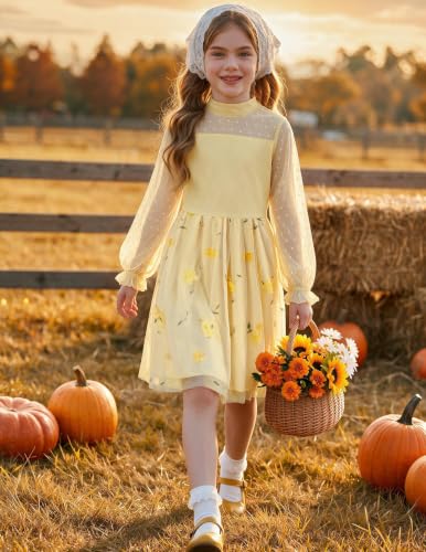 Image of Arshiner Girls Dresses Contrast Mesh Puff Long Sleeve Formal Party Dress