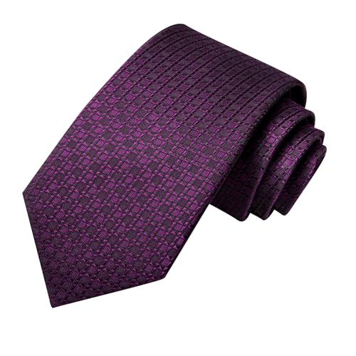 Image of Hi-Tie Plaid Dark Purple Silk Ties Set for Men Classic Neckties and Pocket Square Lapel Pin Silver Tie Clip Cufflinks Set Wedding Business 6PCS
