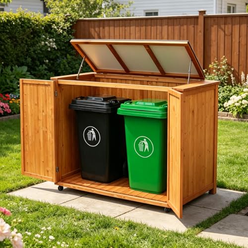 YTGLEN 4' x 3.7' Outdoor Trash Can Storage Cabinet, Wooden Outdoor Garbage Shed, Trash Can Cabinet with Lockable Door & Removable Wheels for Patio Garden Garage